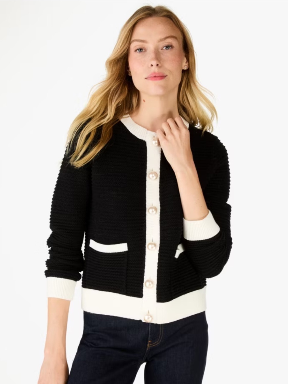NWT kate spade Black Cardigan with White Trim and Pearl Buttons-oversized XS